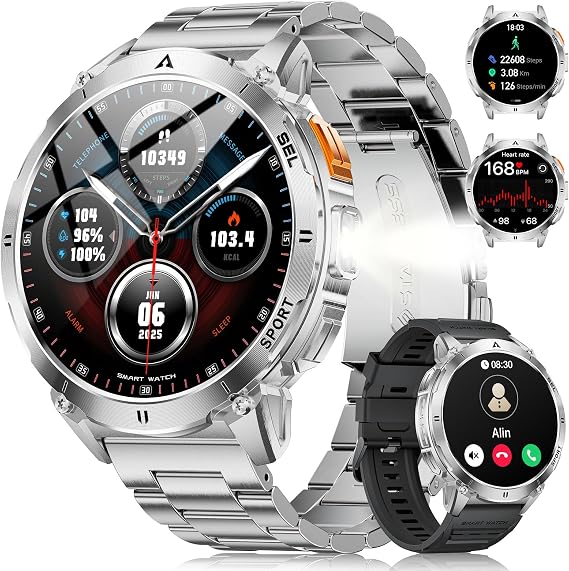 FOXBOX 1.62" AMOLED Smart Watches for Men with LED Flashlight, Frost Silver