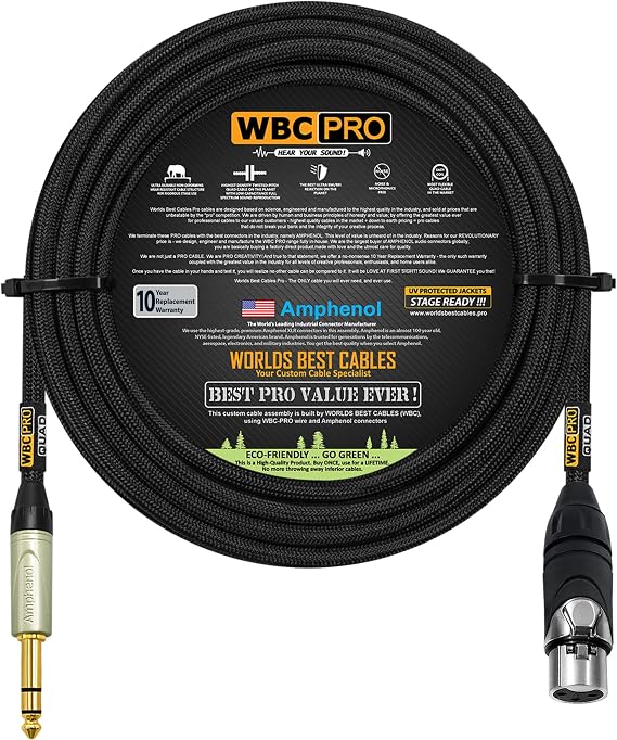 100フィート - WBC-PRO-QuadウルトラサイレントウルトラフレキシブルバランススタークワッドXLRからTRSケーブル、Amphenol AXX3FメスXLR&QS3P-AUストレートTRSステレオ電話プラグ付き - ブラックツイードジャケット