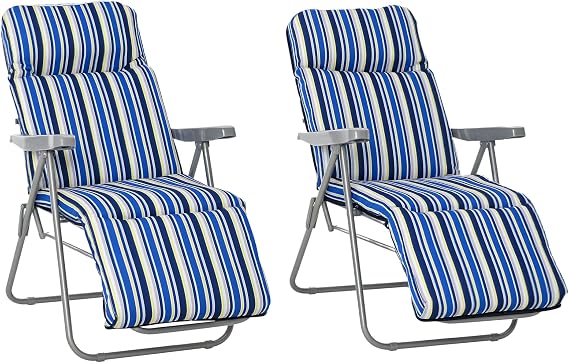 Outsunny Reclining Garden Chair Set of 2, 5-Level Adjustable Zero Gravity Chairs with Cushions, Folding Sun Lounger Recliner with Armrests for Outdoor, Patio, Blue Stripe