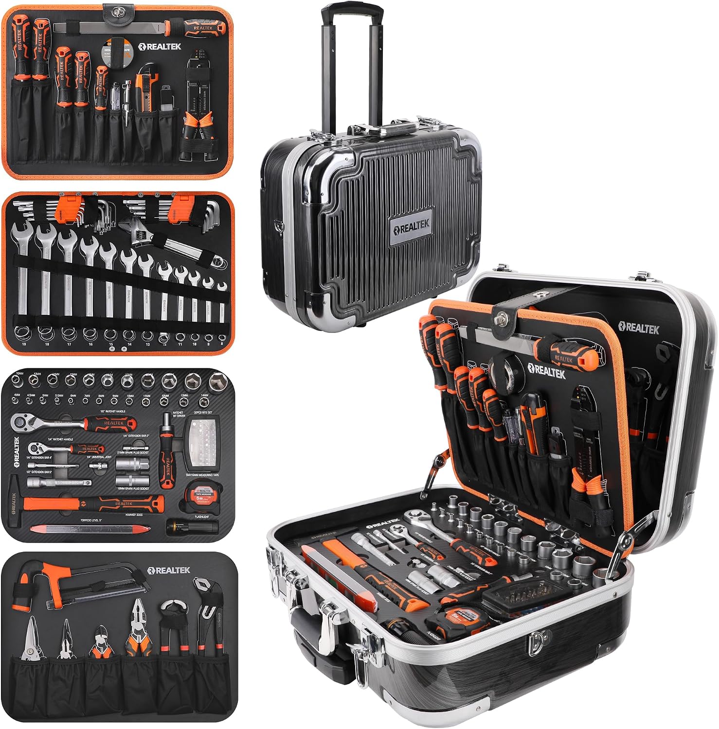 REALTEK 123pcs Tool Kit, Mechanic Tool Set, Portable Tool Kits for Home with Aluminum Trolley Case, Tool Box with Tools Included, Hand Tool Set Toolkit Household Repair and Diy for Men, CR-V Material