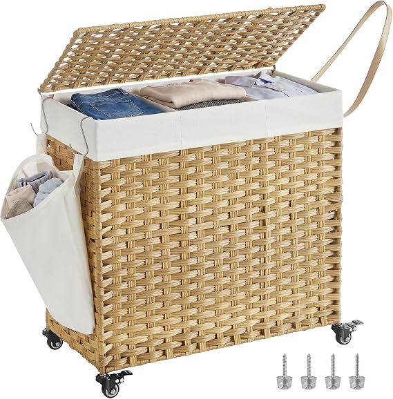 SONGMICS Laundry Basket with Lid, 140 L, Rolling Laundry Hamper with Wheels, 3-Compartment Synthetic Rattan, Removable Liner, for Laundry Room, Bedroom, 66 x 33 x 66 cm, Natural LCB363N01
