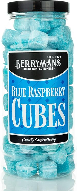 Original Blue Raspberry Cubes Retro Boiled Sweets Gift Jar by Berrymans Sweet Shop - Classic Sweets, Traditional Taste.