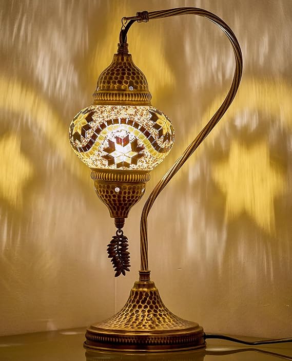 DEMMEX Authentic Turkish Moroccan Mosaic Lamp - Handcrafted in Turkey - Table/Bedside Lamp with Mosaic Glass Globe & Hammered Metal Body, Bulb Included, 38cm, Unique Gift (Amber) [Energy Class A]