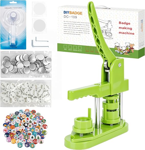 MK.Bear Button Maker Machine 25mm (1 in) DIY Gift, Installation-Free Pin Maker Machine, Pin Badge Button Press Machine with Free 500pcs Button Parts&100pcs Pictures&Circle Cutter(Green)