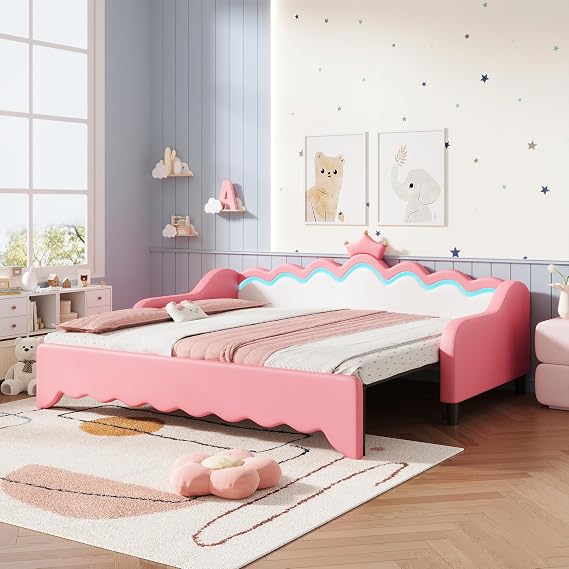 3ft Single Daybed,Pull out Trundle Bed,with LED Crown Shape Headboard, PU Leather Sofa Bed Frame with Solid Wood Slat,for Living Room Bedroom,Cream White + Pink