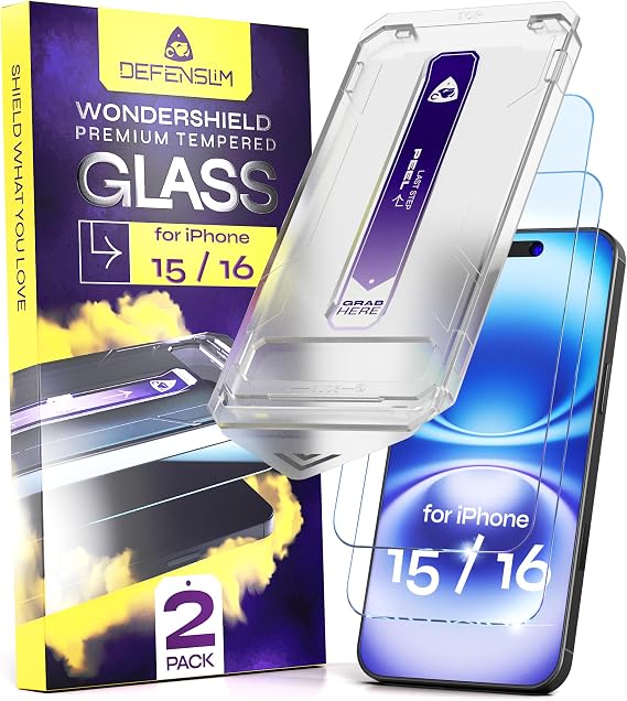 Defenslim for iPhone 15 & 16 Screen Protector (2Pack), Easy Auto-Dust & Align Install Kit, 6.1" Tempered Glass, 9H Hardness, Ultra HD Clear, Case Friendly, WonderShield