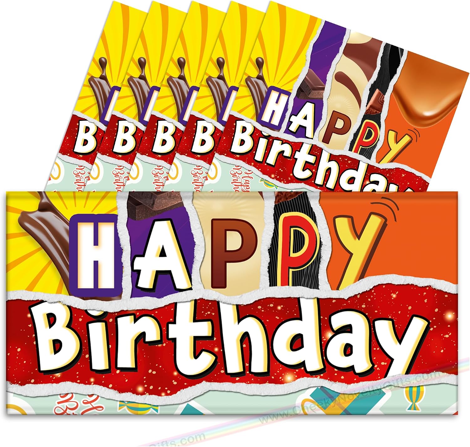 6x Happy Birthday Chocolate Bar Wrappers. Husband Wife Son Daughter Family Father Dad Mum Gift Work Fun Friend Present (Chocolate Not Included). Pack of 6.