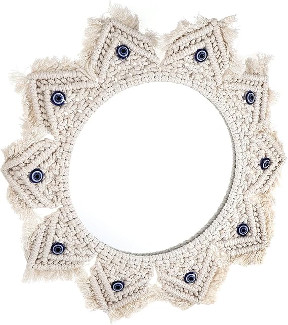 SHINEOFI Boho Decorative Evil Eye Wall Mirror with Cotton Rope Woven Tapestry, Makeup Mirror Featuring Exceptional Clarity and Nordic Minimalism Style for Bedroom or Living Room Wall
