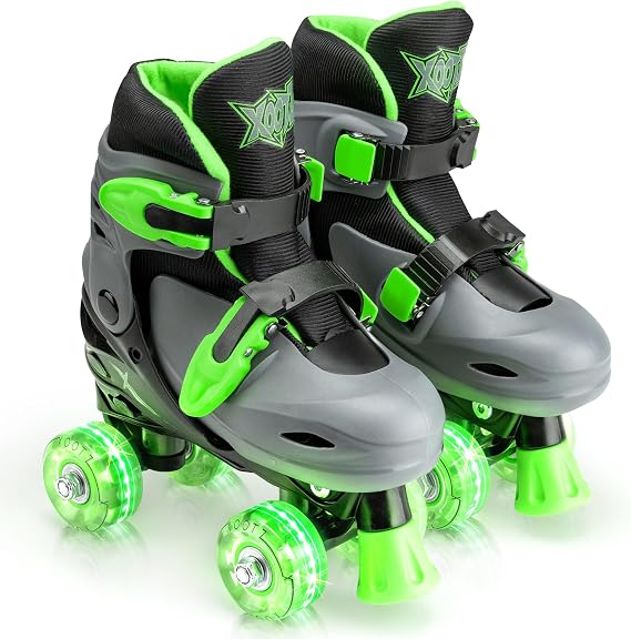 Xootz Kids Roller Skates, Adjustable LED Quad Skates, Green, UK Sizes 9-12