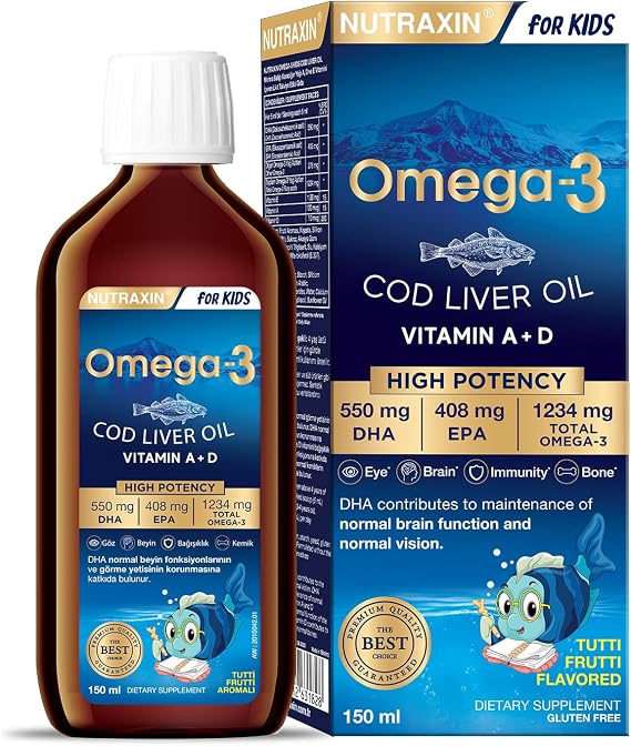 Nutraxin Omega-3 for Kids 150 ml – Çocuklar İçin Balık Yağı Şurubu, DHA ve EPA, Portakal Aromalı