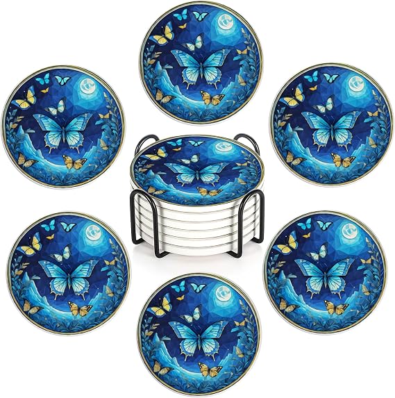 Blue Butterfly 6Pack Ceramic Drink Coasters,Quick-Absorb Stone Coasters with Anti-Slip Cork Backing & Metal Holder, Table Protectors for Kitchen Bar