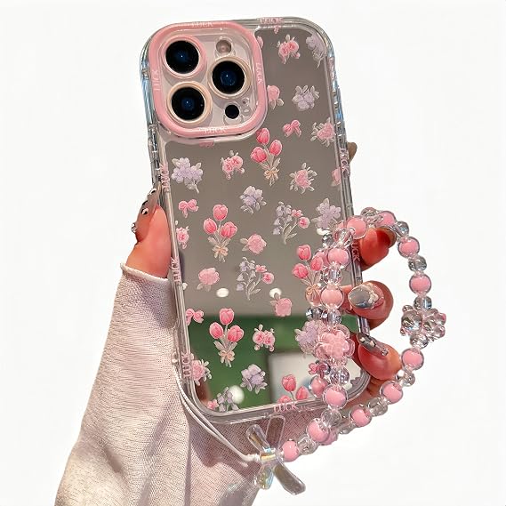 iPhone 16 Pro用ケース、ピンクの花柄デザイン、光沢のあるミラーケース、ビーズ付きリストストラップ付き2イン1、ソフトTPUフレーム、耐衝撃性と耐衝撃性、女性と女の子に最適