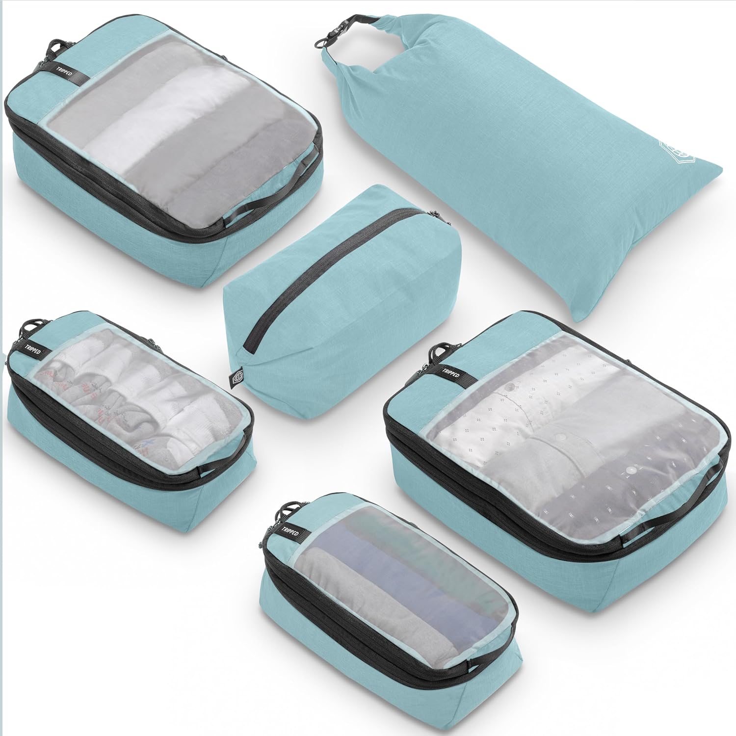 Compression Packing Cubes for Travel by TRIPPED – 6-Piece Premium Set with Laundry & Shoe Bag, Space Saving Travel Organizer Bags for Suitcase & Carry-On Luggage Dusty Teal Mesh