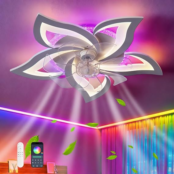 RGB Chandeliers Ceiling Light Variable Colour, 6 Speed Reversible Light Fan Ceiling, Le Dimmable Silent Ceiling Fans with Lamps for Kids Room-RGB White [Energy Class E]
