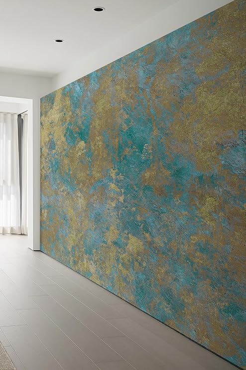 Antik Turkuaz ve Altın Desenli Tekstil Duvar Kağıdı, 200 x 150