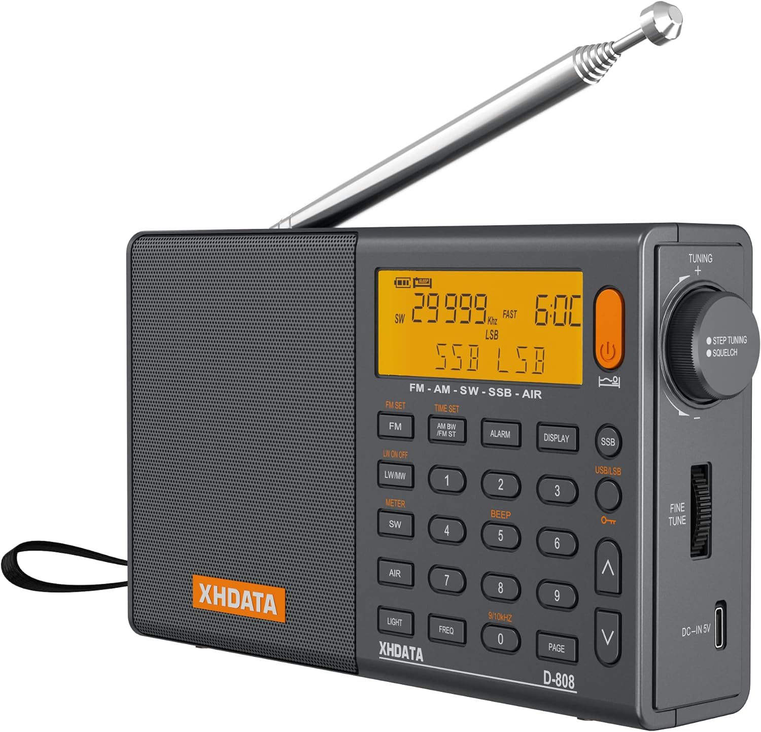xhdata d-808 portable digital radio fm stereo  sw  mw  lw ssb rds air band multi band radio speaker with lcd display alarm clock external antenna and 18650 rechargeable battery gray