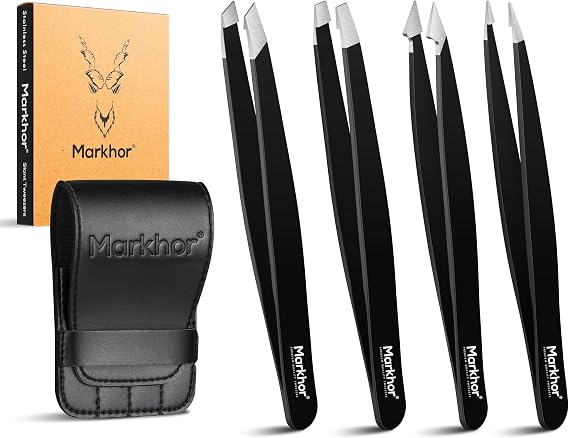 Markhor® Majesty Black Tweezers for Facial Hair Women, Pointed Tweezers Precision Tweezers Set, Eyebrow Tweezers Women, Slanted Tweezers Eyebrows, Hair Tweezers