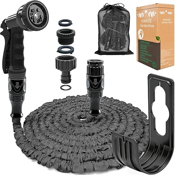 100ft Garden Hose Pipe Expandable Garden Hose with 3/4", 1/2" Fittings, Anti-Leakage - Flexible Expanding Hose with 10 Function Spray Nozzle (100FT, Black)