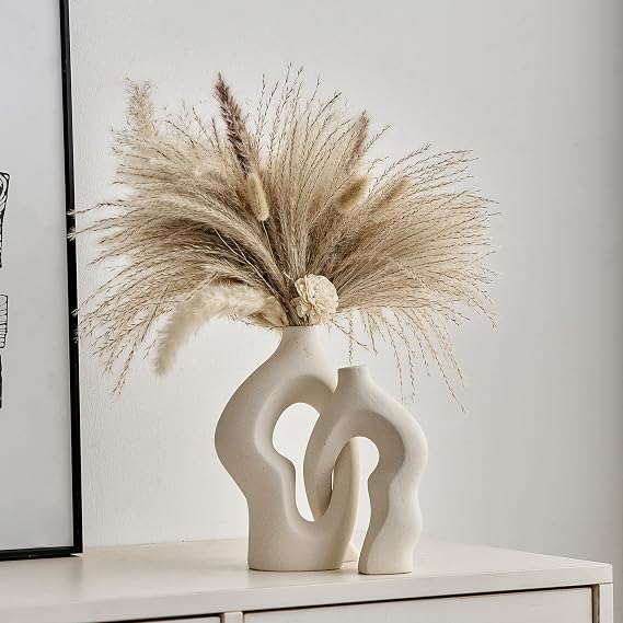 AWNR White Ceramic Vase Decor: Modern Decorative Vase Set of 2 for Home Decor Boho Donut Vase for Pampas Grass Neutral Minimalist Vase for Living Room Dining Table Centerpiece Wedding Decoration
