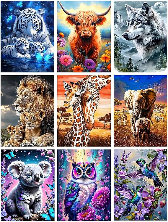 9 Pack Diamond Painting Kits for Adults, Animal Diamond Art Kits for Beginners, 5D DIY Full Drill Lion Tiger Owl Wolf Diamond Arts Kits for Home Wall Decor Gifts 12x16 Inch