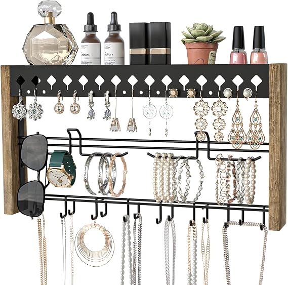JACKCUBE DESIGN Rustic Wood Wall Mount Jewelry Organizer with Metal Hooks for Necklaces Earrings and Bracelets (Wood) : MK460A
