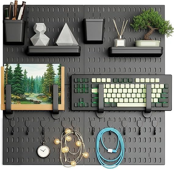 Peg Board Set, Space-Saving Wall Pegboard Organizer with 4 Pegboards 14 Hooks 4 Shelves for Home Office