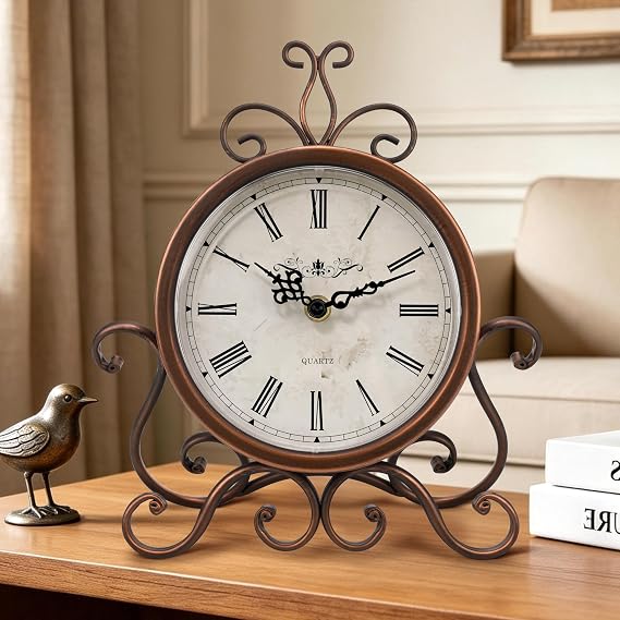 Table Clock on Stand Retro Desk Shelf Clocks Non-Ticking Antique Copper