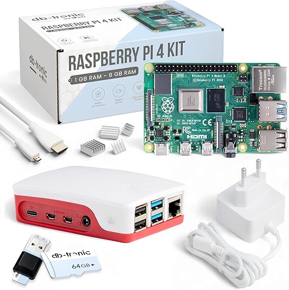 db-tronic Raspberry Pi 4 1GB Starter Set 64GB Edition Power Supply 15W Housing Red/White Heatsink Set 4K Micro HDMI Cable Ideal for Smart Home Retro Gaming & Home Assistant