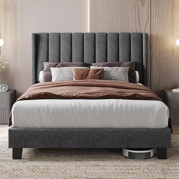 Yaheetech Upholstered Double Bed 140 x 200 cm with Slatted Base with Modern Striped Headboard Wood and Metal Frame Bed Frame for Adults 2 People Dark Grey