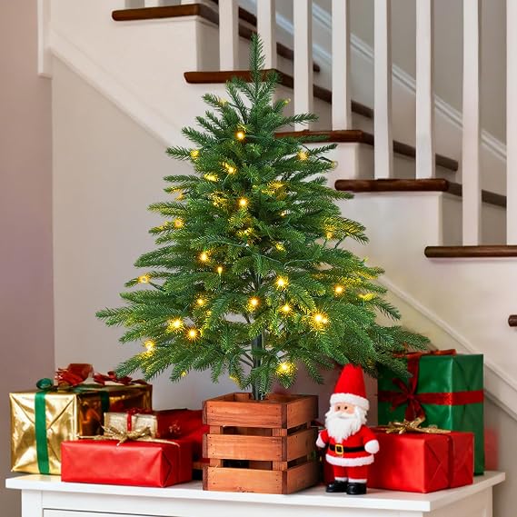 Small Pre-Lit Christmas Tree, Artificial Norfolk Pine, 80cm (2.6ft)