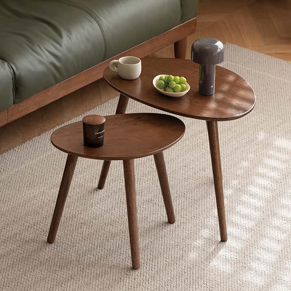Solid Wood Nesting Table, Modern Oval Coffee Table and Side Table, Pebble Shape Living Room Table Set with Stable Triangle Base for Living Room, Bedroom, Balcony or Office (Oak, Walnut Finish)