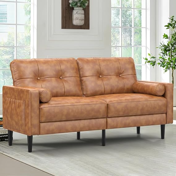 2 Seater Sofa, Thick Cushions, 2 Pillows & Pockets(PU-Brown)