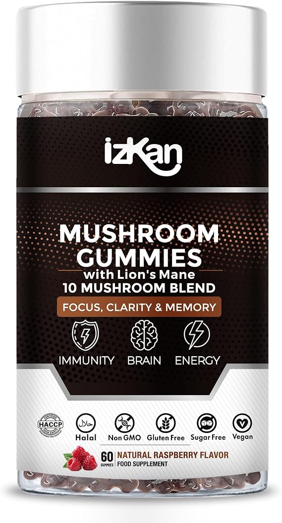 Multi Mushroom Gummies Supplement 3000mg with Lion's Mane & Ashwagandha Promotes Nootropic Focus Brain Supplement, Immune Support & Stress Relief - 60 Count (Halal, Gluten-Free, Vegan) (1)