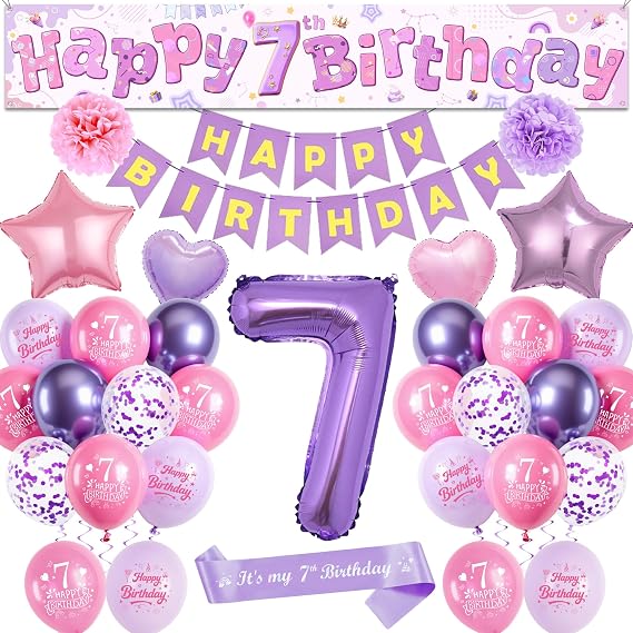 7th Birthday Decorations Balloons Girls - Pink Purple Large Happy 7th Birthday Yard Banner(25 X 150 Cm) Mit Sash, Stars Crowns Number 7 Foil Balloons and Paper Pompoms for 7 Year Olds Party