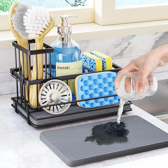 HapiRm Kitchen Sink Caddy Black - Sponge Holder with Instant Drying Stone