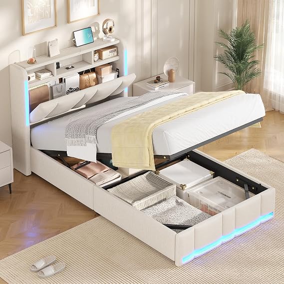 AOGLLATI 3ft Single Bed Frame with Hydraulic Storage, Charging Station & LED Lights, Single Ottoman Bed with Storage Headboard, Sturdy Wood Slats,Ottoman Storage Bed,Off-white Linen (Single-135x190cm)