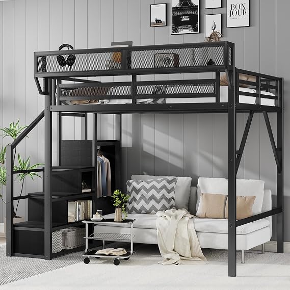 KEIKI - Bed frame type Loft made of metal in full size with fold-out ladder, integrated storage racks and cabinet, bed type Loft with solid slats, handrail, no need