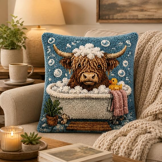 Latch Hook Cushion Kits for Adults Beginner, Highland Cow Latch Hook Kits