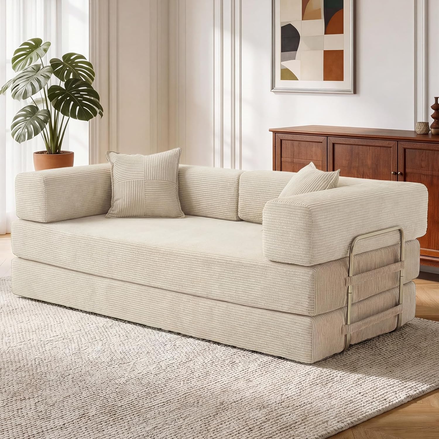 Vipbear Boneless Sofa Bed, Premium Corduroy 200cm 3 Seater 5-in-1 Folding Sofas with 2 Foam Throw Pillows for Living Room, White