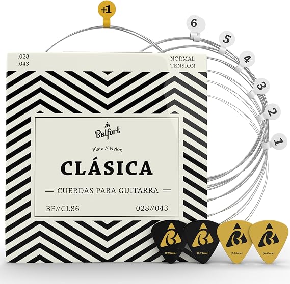 BELFORT Classical and Spanish Guitar Strings, Nylon, Set of 6 + 4 Plectrums