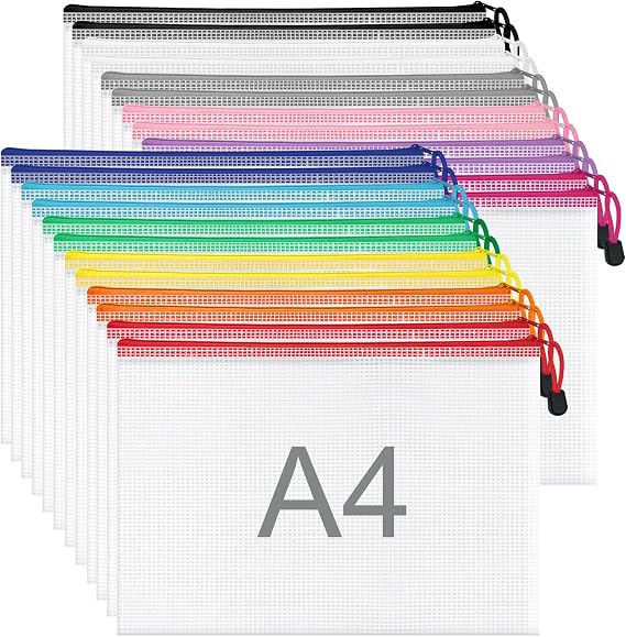 WISYOK A4 Plastic Zip Wallets, 24pcs, 33x23cm, 12 Colours