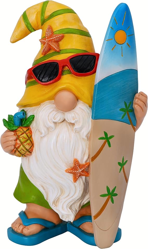 Mood Lab Garden Gnome - Surfer Gnome Figurine - 9.1 Inch Tall Funny Lawn Statue - for Outdoor or House Decor