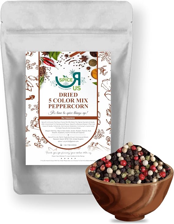 5 Colour Dried Mixed Peppercorns (Black White Pink Green Pimento) by Spice R Us 50g-1900g (200g)