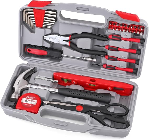 Hi-Spec 39Pcs Compact Home and Office Hand Tool Kit for DIY Repairs, Red