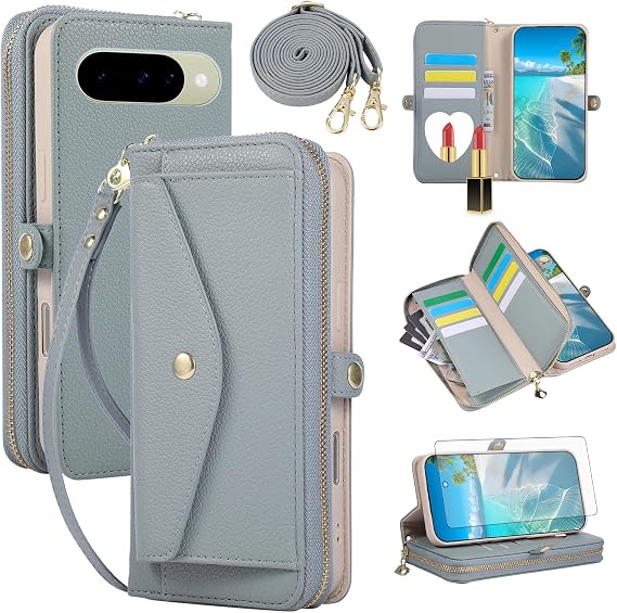 Google Pixel 9/9 Pro/10/10 Pro 5G用電話ケース ジッパーウォレットセルカバー スクリーンプロテクター付き クロスボディ ショルダーストラップ メイクアップミラー クレジットカードホルダー Pixel9 9Pro/Pixel10 10Pro Nine Ten レディース ブルー