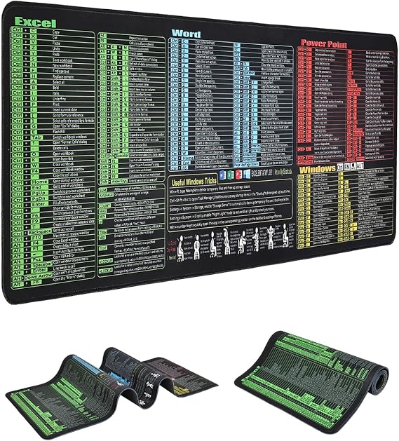 Large Excel Cheat Sheet Mouse Pad - Waterproof Gaming Desk Mat for Excel/Word/Outlook/Windows/PowerPoint Shortcut Keys, Non-Slip, Stitched Edges, Spill-Proof Desk for Keyboard (Shortcuts)