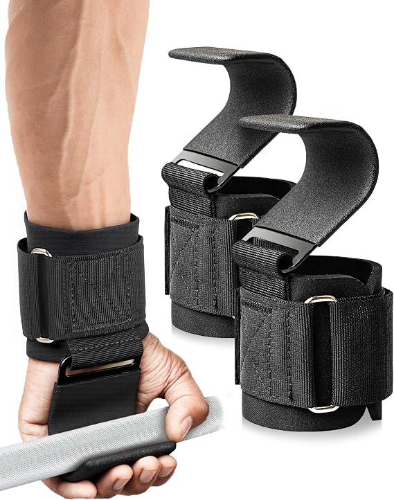 Weight Lifting Hooks (Pair), Heavy Duty Deadlift Hooks with Non-Slip Rubber Coated Steel Grip, Thick Neoprene Wrist Support Straps for Pull Ups, Shrugs, Barbell Rows & Gym Strength Training