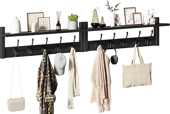 YMYNY 120cm Coat Hooks Wall Mounted with Shelf, Black HWS004B-2