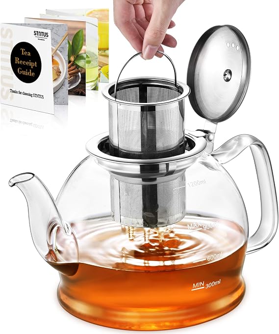 Teapot, STNTUS 1200 ml Glass Teapots with Stainless Steel Infusions, Tea Infuser Glass Teapot for Stove and Gas