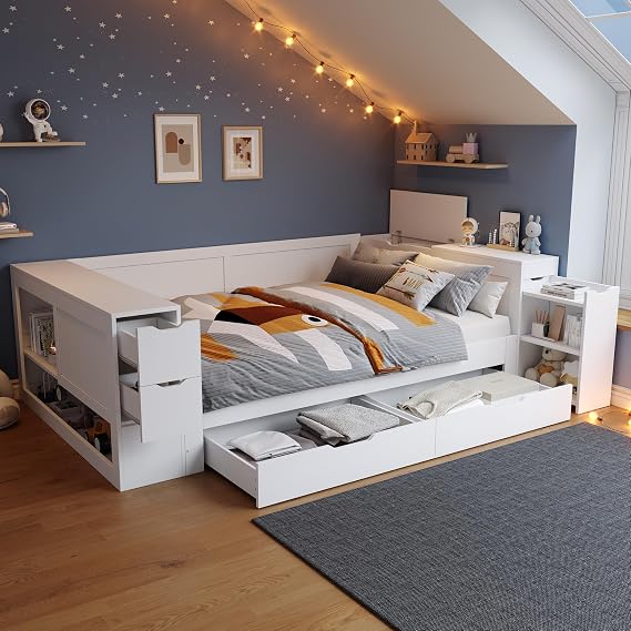 MYBOO 4ft6 Double Bed Frame with Storage Drawers&Shelves&Bedside Table, Functional Daybed Wooden Platform Bed with Slats, Storage Bed Sofa Beds Guest Beds for Living Room&Bedroom, No Mattress, White
